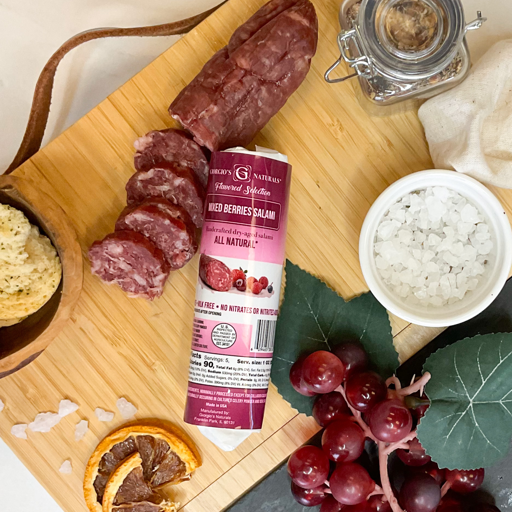 Giorgio's Naturals Mixed Berries Salami - Gourmet Artisan Salami with Dried Berries, Retail Chub, Handcrafted Dry-Aged Salami, Lunch And Deli Meat, Gluten-Free - 5 oz