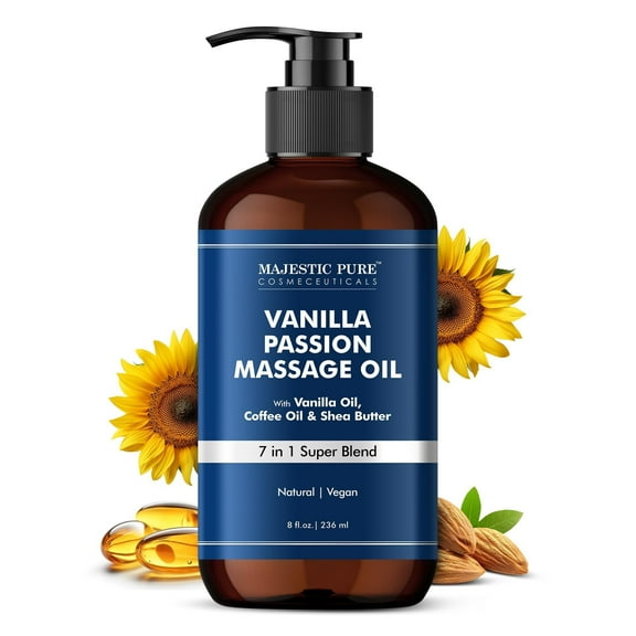 Majestic Pure Vanilla Passion Massage Oil with Vanilla Oil, Coffee Oil & Shea Butter | Invigorating, Refreshing, and Relaxing |for All Skin Types - Men and Women | 8 Fl Oz
