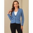 thumbnail image 3 of Blazer a rayas con cierre de botón y bolsillo con solapa con muesca para mujer Azul Blanco S, 3 of 5