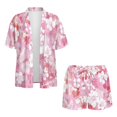 thumbnail image 4 of FKEKYI Womens 2 Pcs Short Set Open Front Shirt Top Summer Outfits Shorts with Elastic Waist Pink Hibiscus Floral Leaf Print Beachwear Breathable Lounge Set Resort Wear, S, 4 of 7