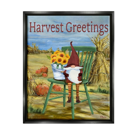 Stupell Industries Harvest Greetings Gnome Landscape Painting Black Floater Framed Canvas Art Print Wall Art, 17 x 21