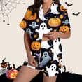 thumbnail image 2 of Halloween Silk Pajamas Women Satin Pajama Sets for Women Comfortable Two-Piece Short Sleeve Sleepwear with Playful Halloween Themed Print and Cozy Shorts Black S, 2 of 4