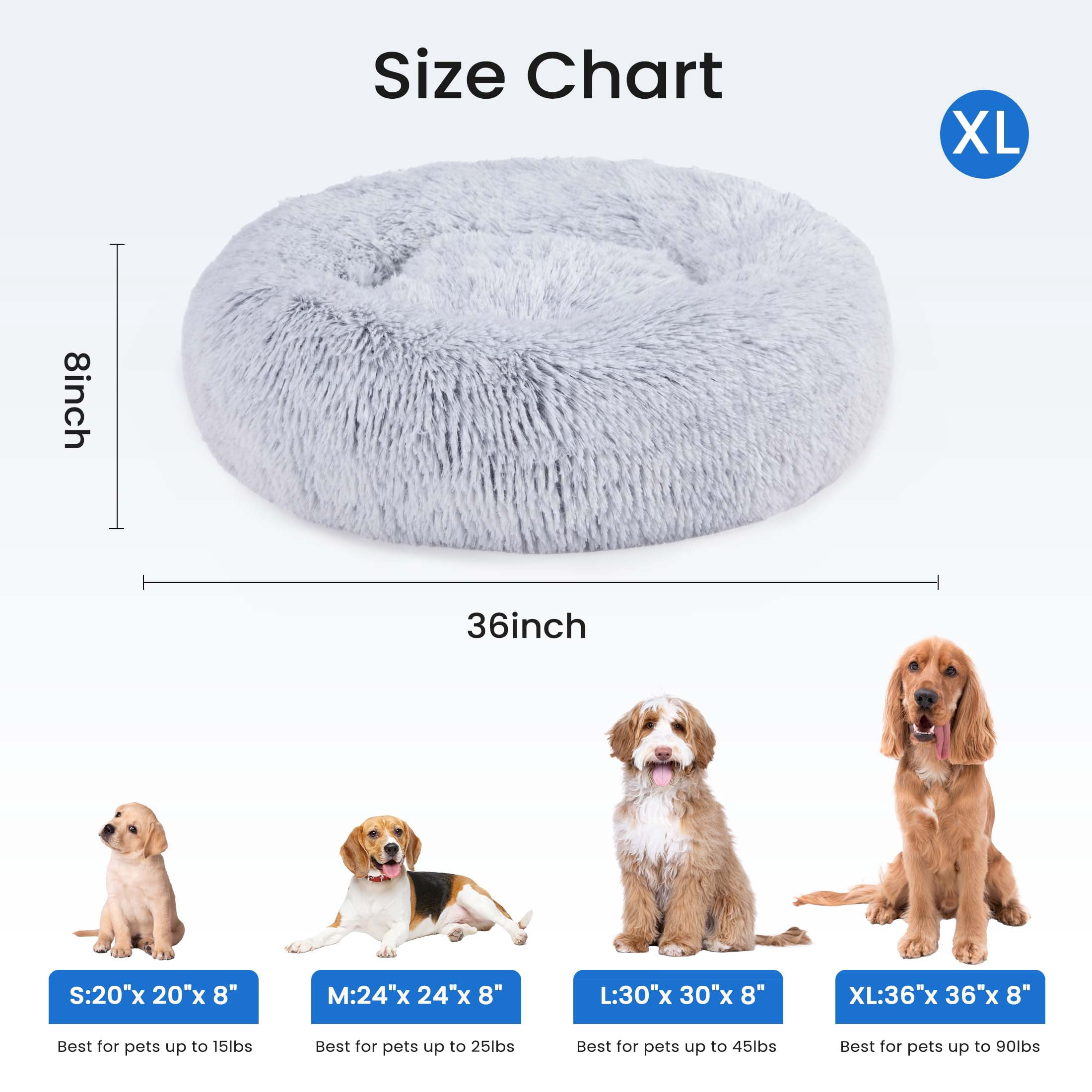 edx Calming 36" Donut Dog Bed for Extra Large Dogs, Soft Warm Cozy Plush Round Fluffy, Machine Washable, Gray