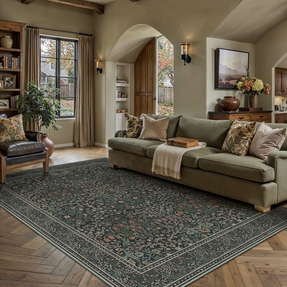 BERTHMEER 5'x7' Area Rugs for Living Room Bedroom Office Dining Room Farmhouse Large Rugs Vintage Oriental Traditional Distressed Non Slip Washable Rugs Carpets,Deep Green