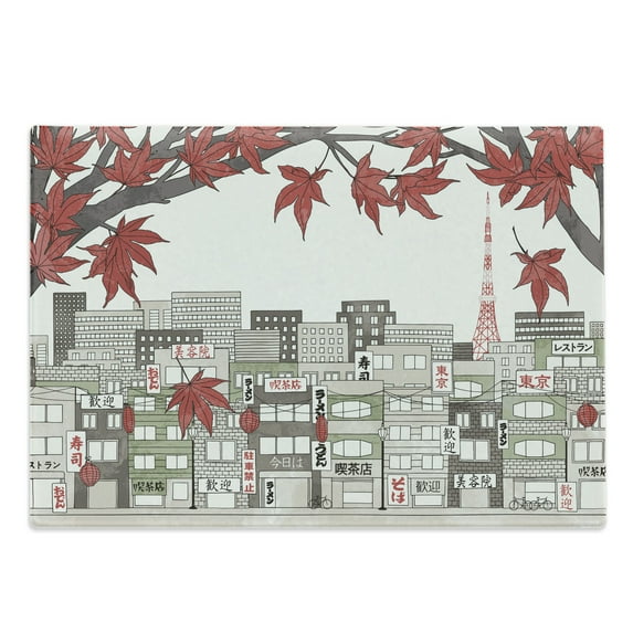 Tokyo Cutting Board, Japanese Capital City in Autumn Fall Season with Maple Trees Travel, Decorative Tempered Glass Cutting and Serving Board, in 3 Sizes, by Ambesonne