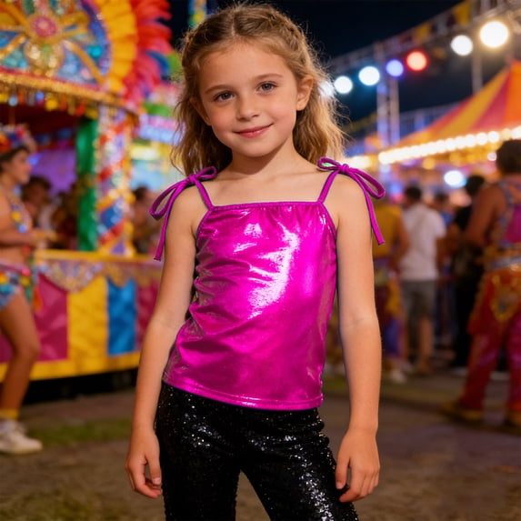 Bobifish Kids Shiny Metallic Long Vest With Adjustable Tie Straps Camisole Tops Fashion Casual Party Performance Wear Comfortable Tops