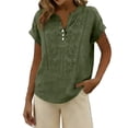 thumbnail image 2 of Shirts for Women Linen Cotton Neck Blouse Short Sleeve Embroidered Top With Buttons Fashion Casual Shirt for Summer Daily Wear XXXL, 2 of 5