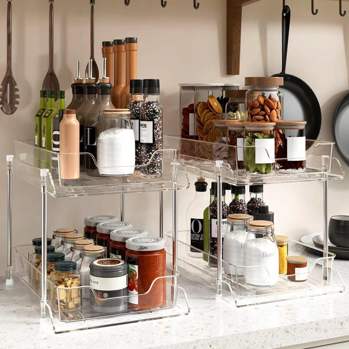 4 Pack Bathroom Under Sink Organizers and Storage, 2-Tier Pull Out Medicine Cabinet Organizing- Kitchen, Pantry, Medicine Storage Bins, Vanity Makeup.(Clear,10.63" L x 8.0" W x 8.46" H).