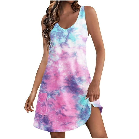 LYXSSBYX Summer Dresses for Women 2024 Women's Casual With Pockets Summer Boho Beach Dress T-Shirts Dress V Neck Loose Tank Dresses