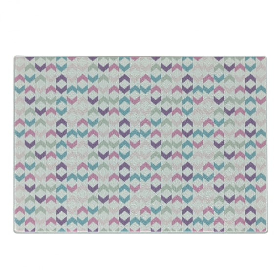Geometric Cutting Board, Chevron Ikat in Pastel Soft Toned Zigzags Crossed Triangles Design, Decorative Tempered Glass Cutting and Serving Board, Small Size, Multicolor, by Ambesonne
