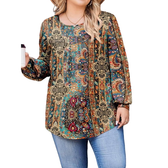 Weardear Womens Plus Size Tops Long Sleeve Shirts Crew Neck Flowy Tunic Top