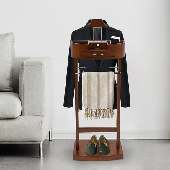 Suit Rack with Drawer & Tray – Freestanding Valet Stand, Birch Wood & Iron, 22 lbs Capacity