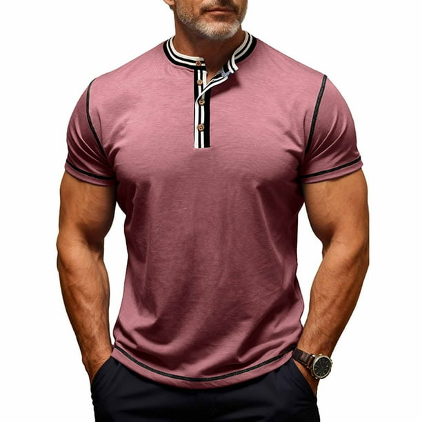 Tops para hombre, blusas y camisas de manga corta con cuello redondo para hombre, camisas casuales de verano de color liso, camisa de manga corta con botones y cuello redondo, camisa de poliéster para