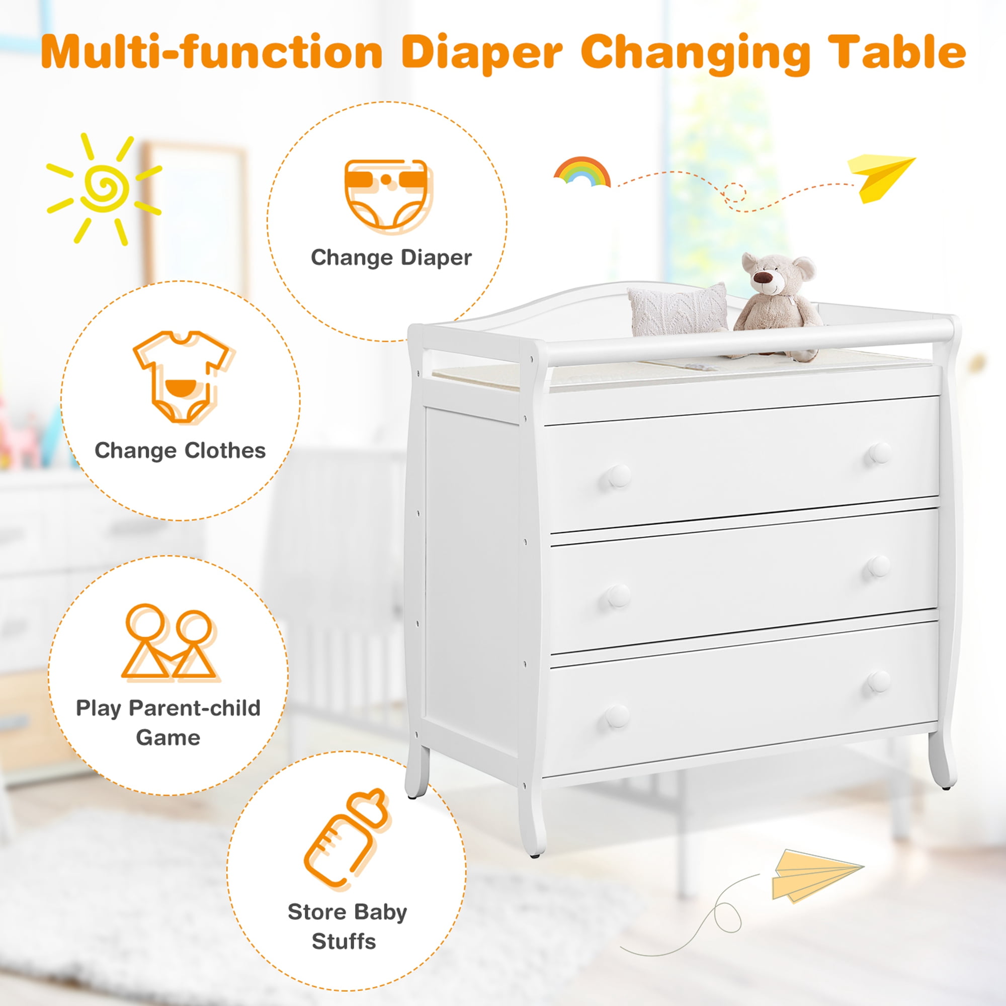 Costway Grey 3 Drawer Baby Changing Table Infant Diaper Changing Station  w/Safety Belt BB5762GR - The Home Depot