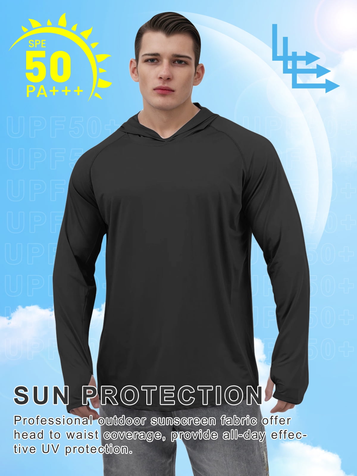 Sanmadrola Mens UPF 50+ Sun Protection Hoodie Fishing Shirts for Men Long Sleeve SPF Hiking Running Workout Thumbhole Shirt Hooded Quick Dry Lightweight