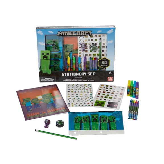 Minecraft Kids Coloring Art Set with Pencil Case Markers Crayons and Stickers 30 Piece Set