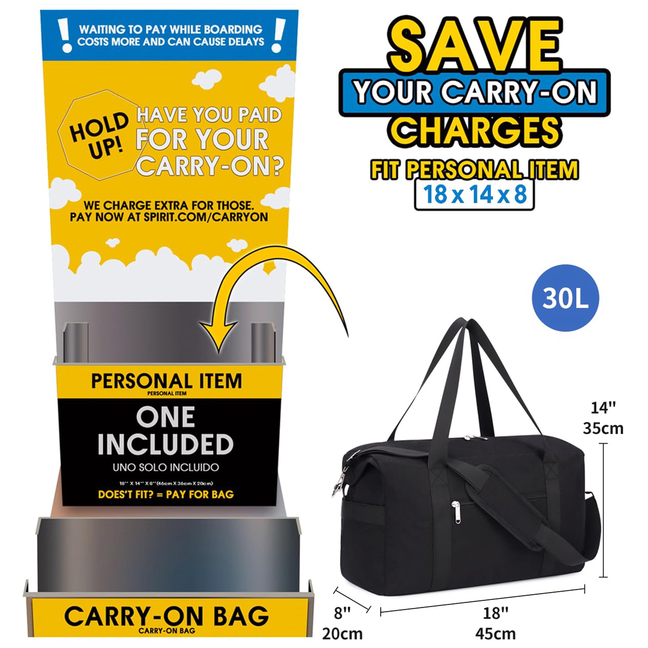 Carry on Underseat Bag Airplane Approved for Travel, Duffel Bag with Adjustable Straps & Wet Pocket for Women and Men for Weekender Gym, 30L, Black