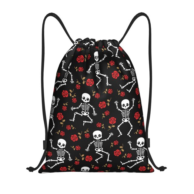 Fotbe Skeleton with Roses Bolsa Mochila con Cordón Estampada, Bolsa de Gimnasio Deportiva, Bolsa Cinch, Bolsa con Cordón para Hombres y Mujeres-Medium