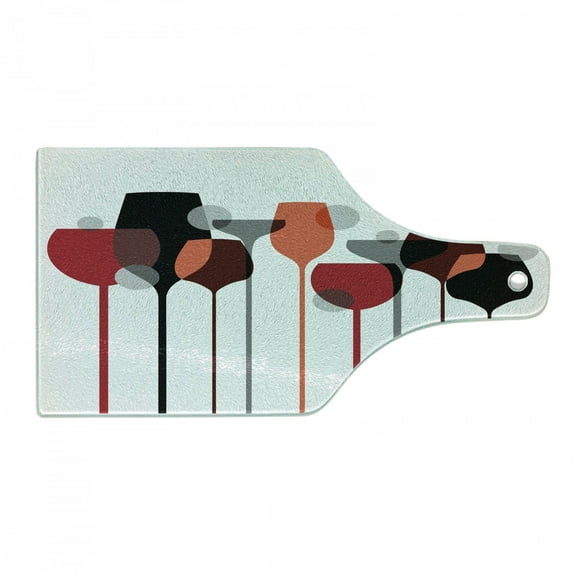 Wine Cutting Board, Abstract Drink Glasses Silhouettes Dots Alcohol Theme Modern, Decorative Tempered Glass Cutting and Serving Board, Wine Bottle Shape, Red Grey Black, by Ambesonne