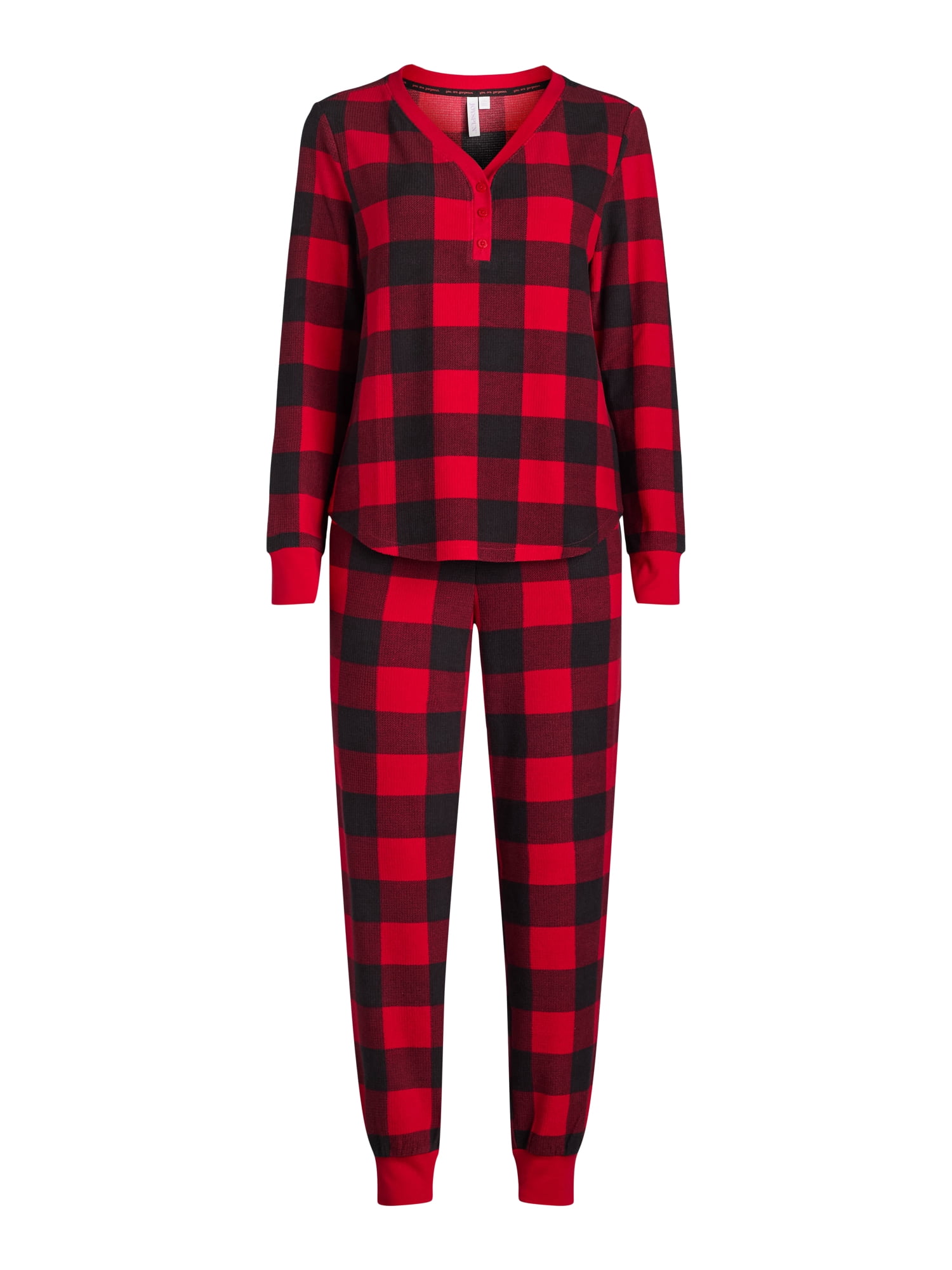 Joyspun Women's Velour Waffle Henley Sleep Top, Jogger Pants and Socks Pajama Set, 3-Piece, Sizes XS-3X