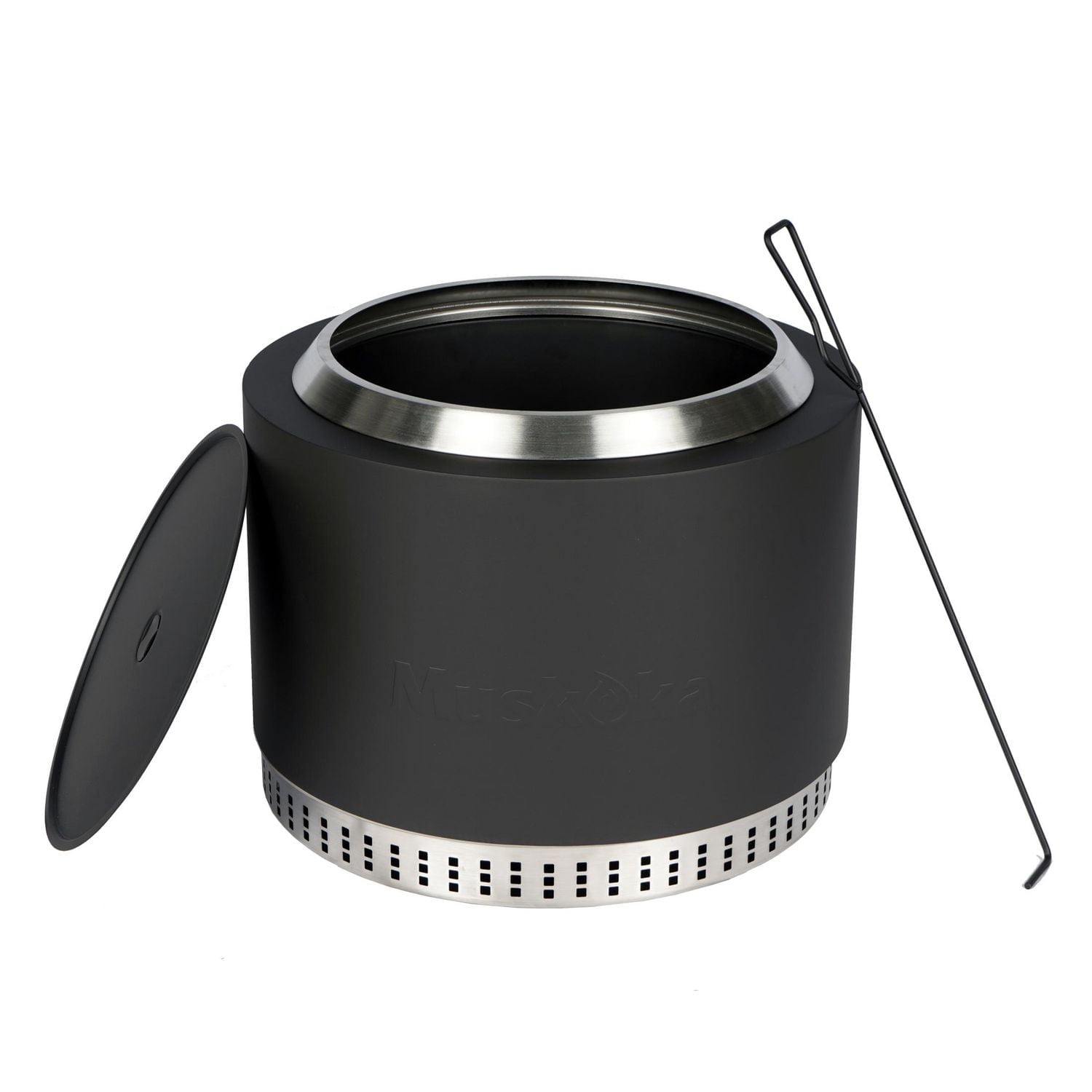 Muskoka 19.5" Black Steel/Stainless Steel Smokeless Wood Fire Pit with Lid, Poker & Protective Cover