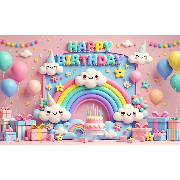 Happy Birthday Background Banner Balloons Colorful Rainbow Cloud Baby Children's Birthday Party Decoration Background Wall Celebration Photography Props
