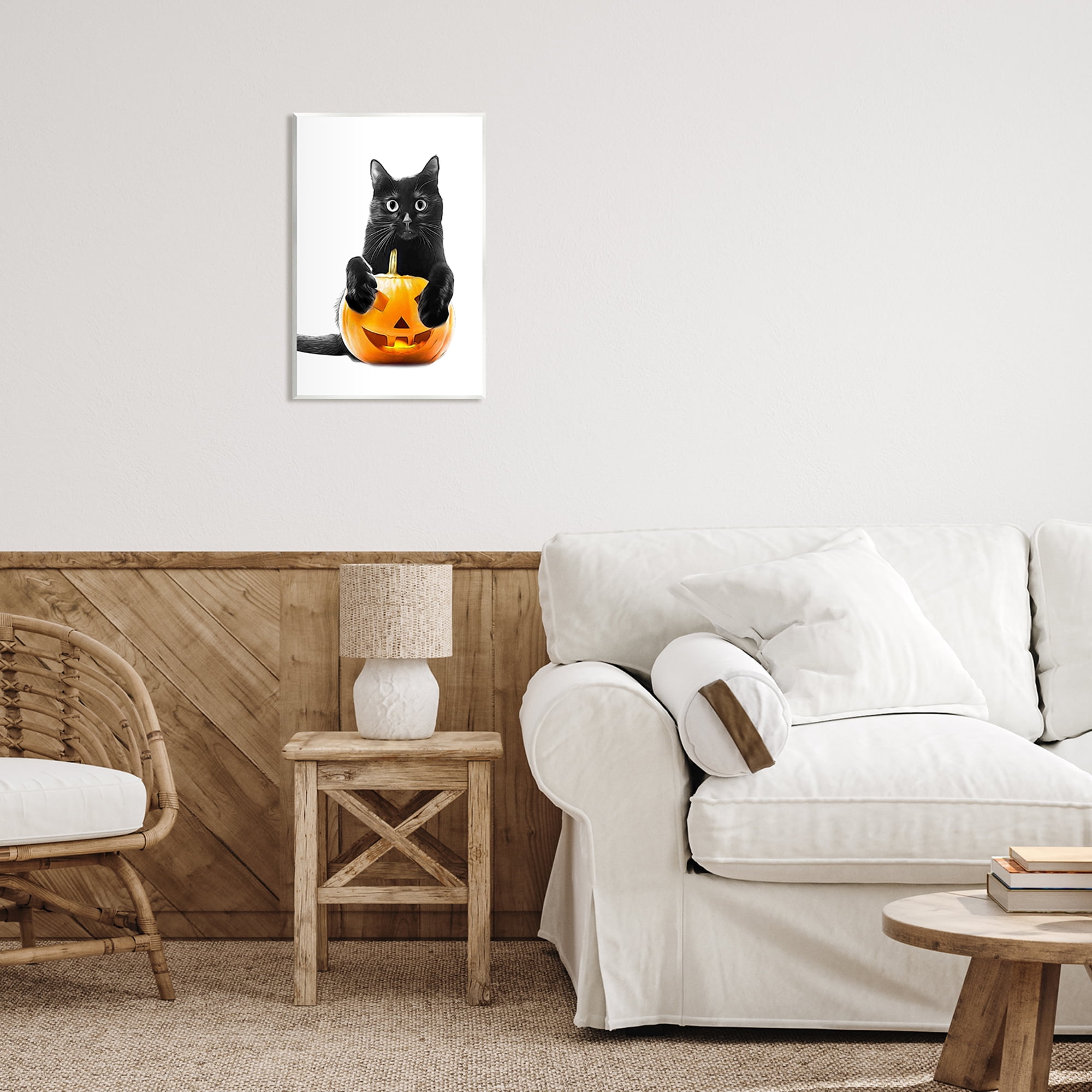Stupell Industries Black Cat & Jack-o-Lantern Holiday Painting Unframed Art Print Wall Art, 13 x 19