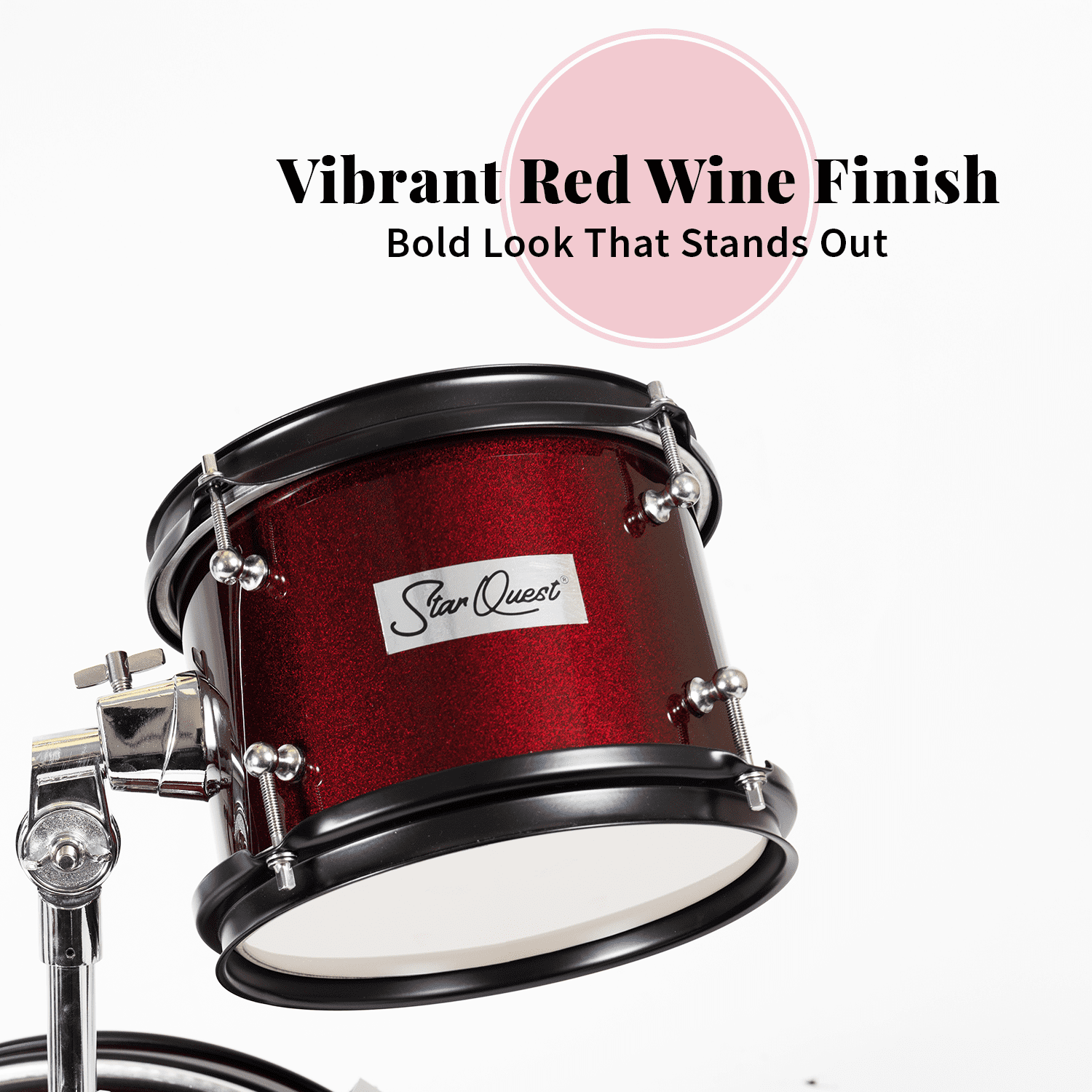 StarQuest Junior 3-Piece Drum Set – Premium Metallic Wine Red Finish with Bass, Snare, Tom and Crash Cymbal – Perfect for Junior Drummers and Beginners