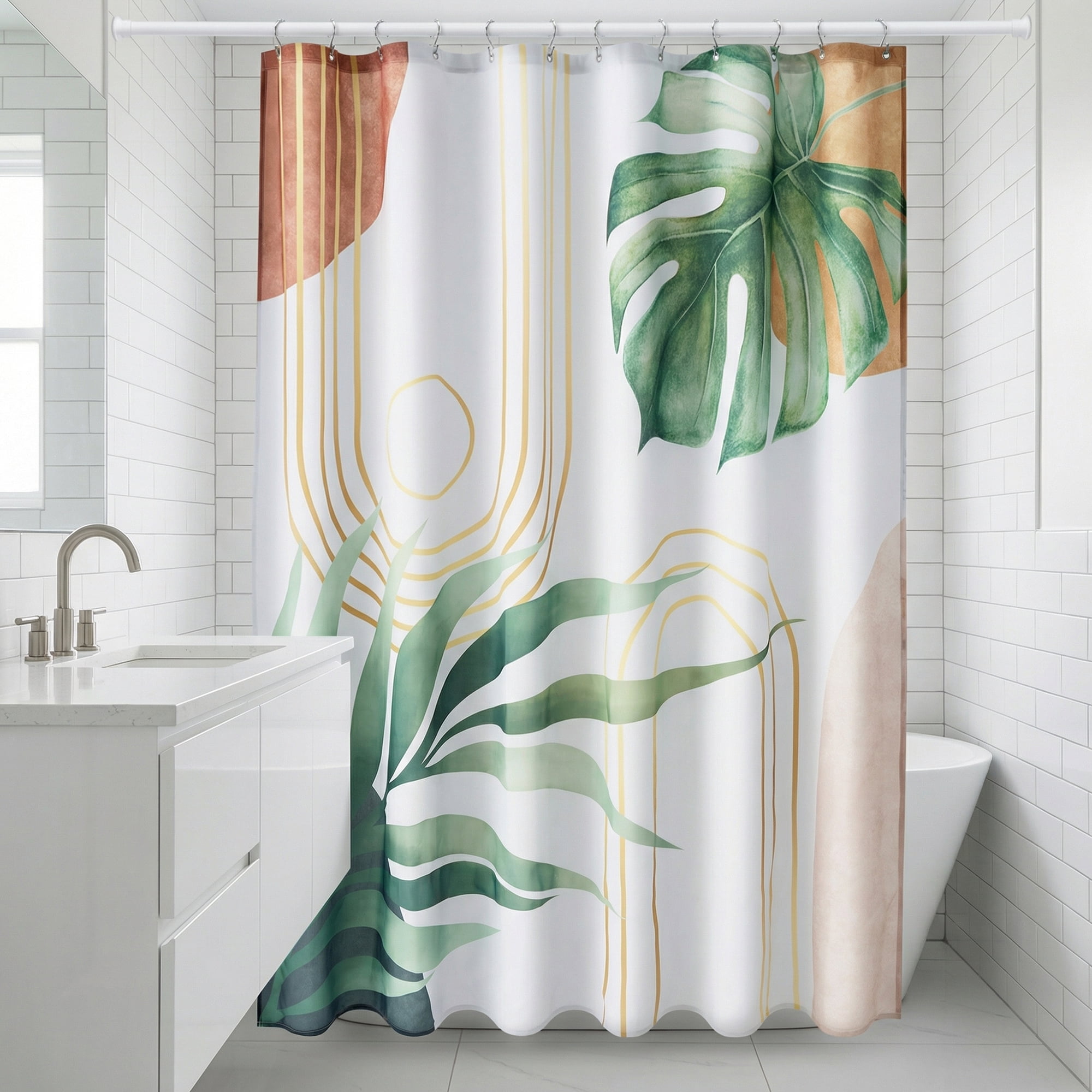 Unique Bargains Leaf Print Shower Curtain Bohemian Waterproof Set Green Gold 71"W x 71"L
