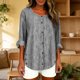 thumbnail image 4 of Camiseta de Lino de Color Sólido Casual de Manga Larga de las Mujeres con Botones Decorativos Y Cuello Redondo, Acento a Rayas para el Uso Diario de Primavera, Túnica de Moda, 4 of 8