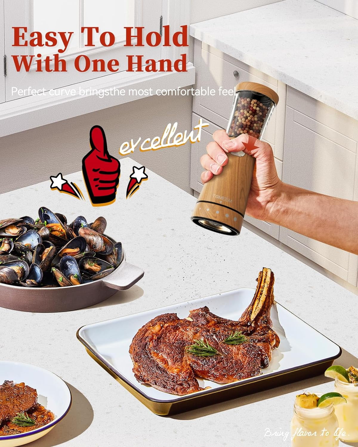 Electric Salt and Pepper Grinder Set Adjustable Coarseness Mill Grinders Shakers Refillable USB Rechargeable with LED Light Tomeem (2 Pack)