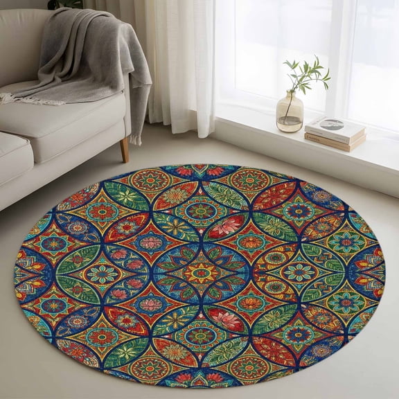 Vintage Boho Round Area Rug 3.3Ft Washable Circle Rugs for Dining Room Table, Ethnic Floral Geometric Green Blue Red Non-Slip Carpet Floor Mats Indoor Outdoor Carpet Runner Aesthetic Home Decor