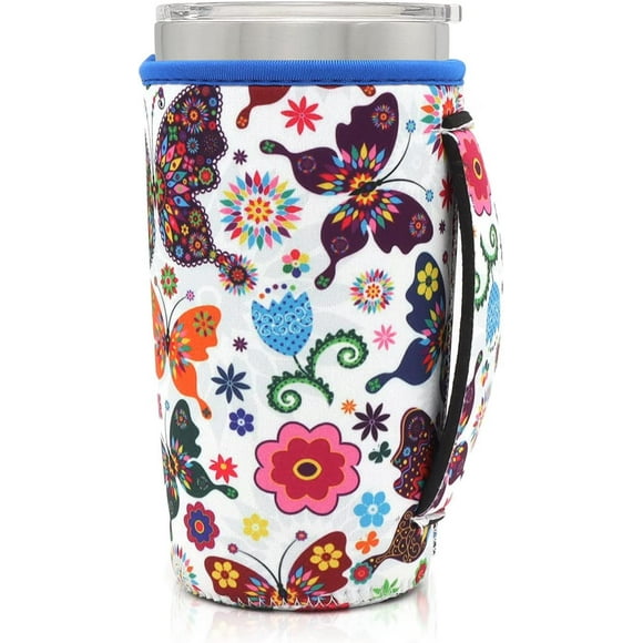 SHILIU-Neoprene Insulated Sleeves Cup Holder with Handle for 20oz Tumbler Cups, Reusable Iced Coffee Sleeve Compatible with Starbucks Trenta, Dunkin Large, more(Butterfly)