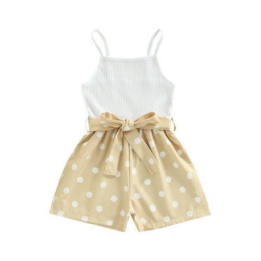 Franhais Kid Girl Sleeveless Romper, Dot/Floral/Leopard Printed Patchwork Sling Playsuit with Belt