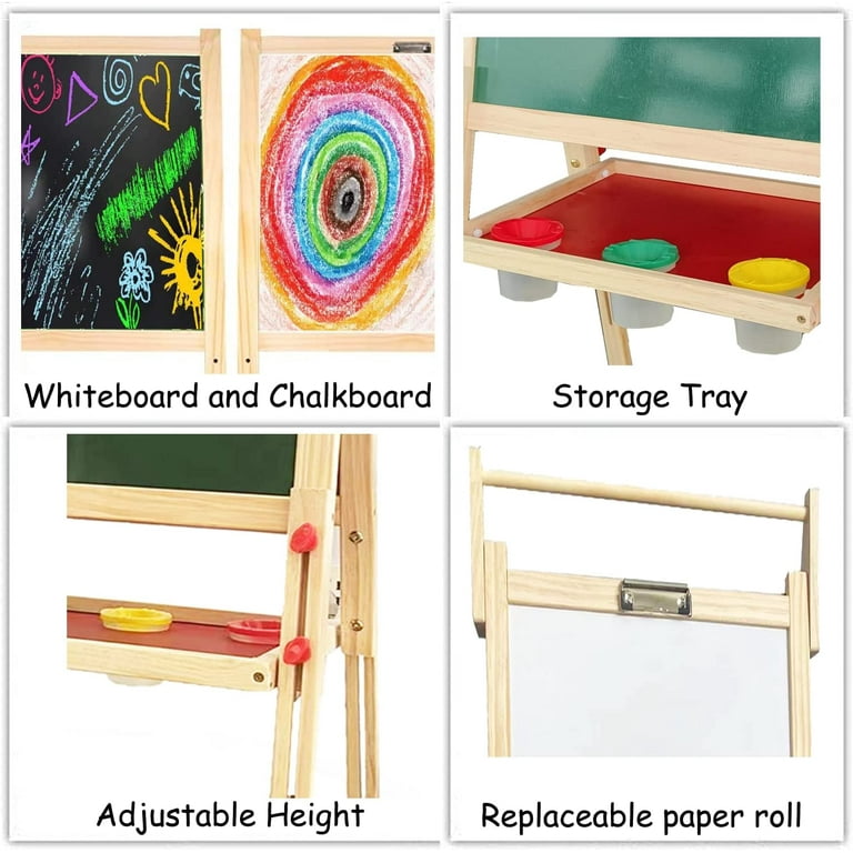 Kids Easel with Wooden Paper roll Holder Double-Sided Whiteboard