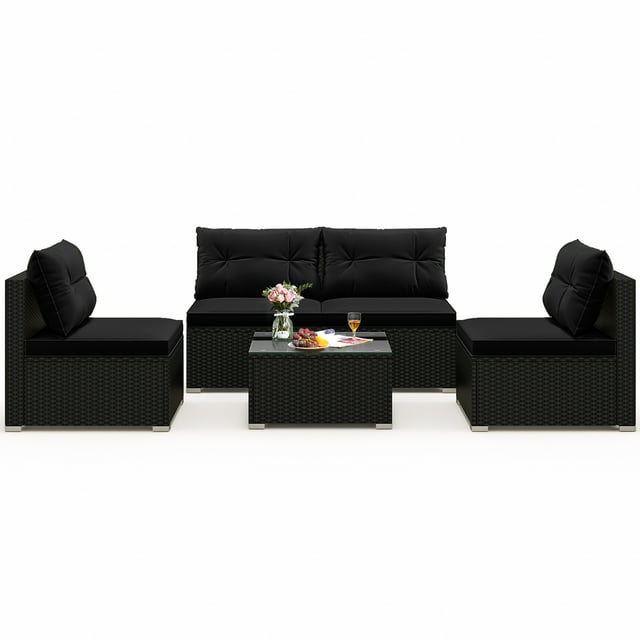 Gymax 5 PCS Patio Furniture Set w/ Seat & Back Cushions Tempered Glass Tabletop Black