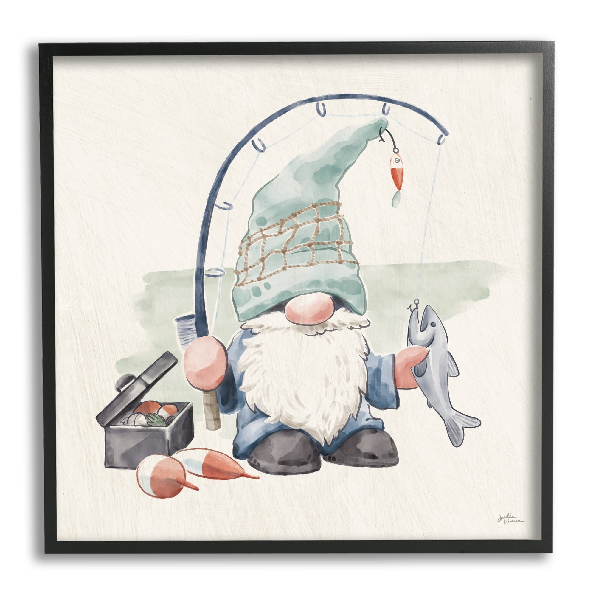 Stupell Industries Gnome Fishing Pole Summer Watercolor Beach Theme White Framed Art Print Wall Art, 17x17, by Janelle Penner