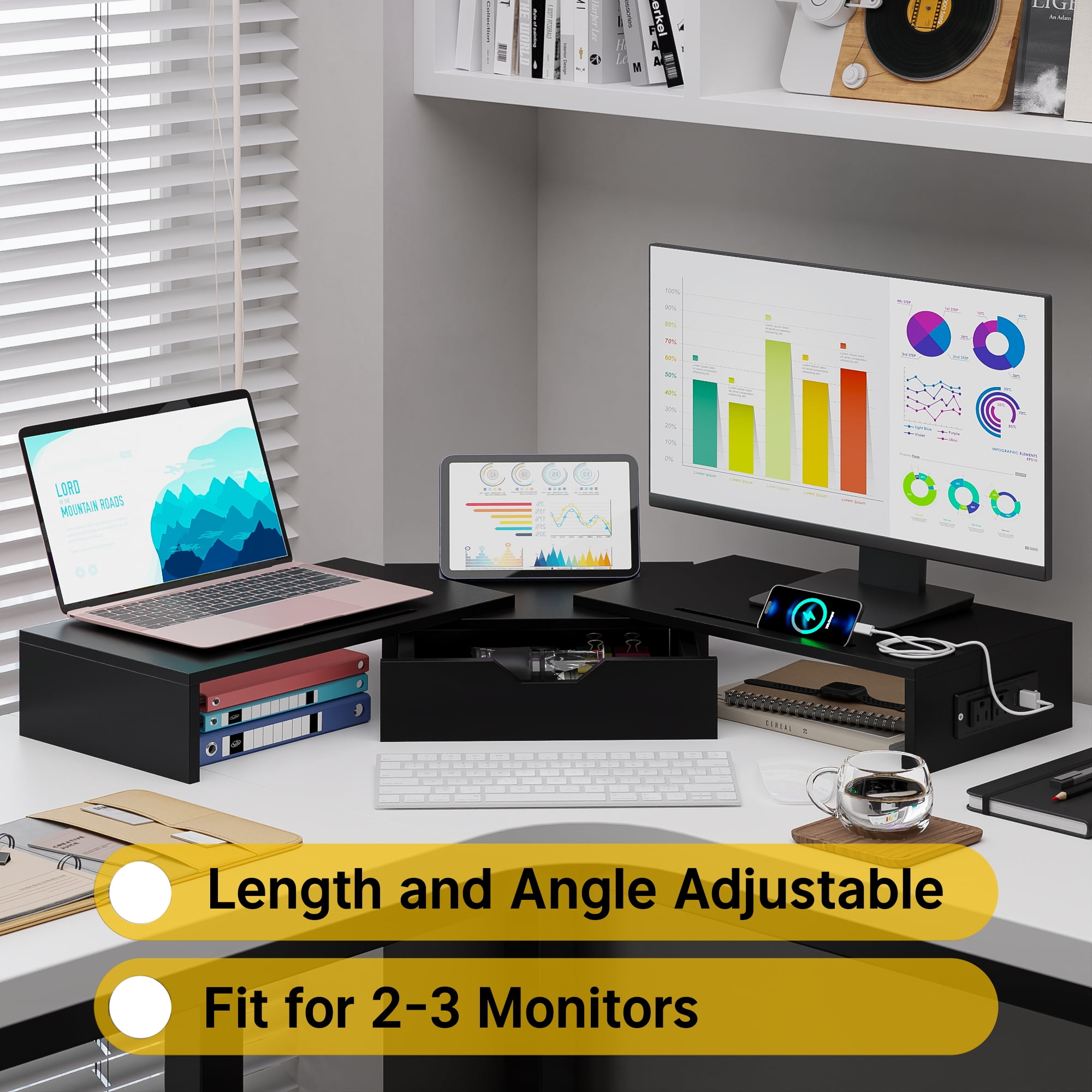 Yoneston Dual Monitor Stand Riser with Charger, Adjustable Length and Angle Desk Organizer with Drawer, Computer Monitor Stand with Phone Holder for PC, Laptop, Printer, Black