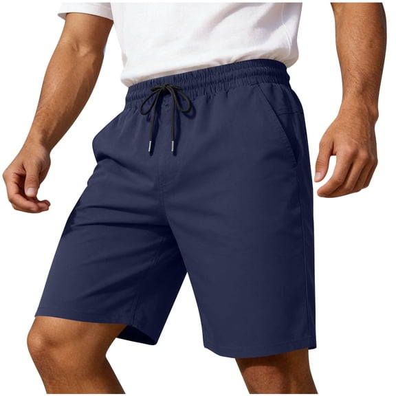 hlysgo Men's Casual Shorts Elastic Waist Solid Color Chino Shorts 7" Summer Workout Golf Shorts with Pockets Fitted Vacation Beach Shorts Navy,L