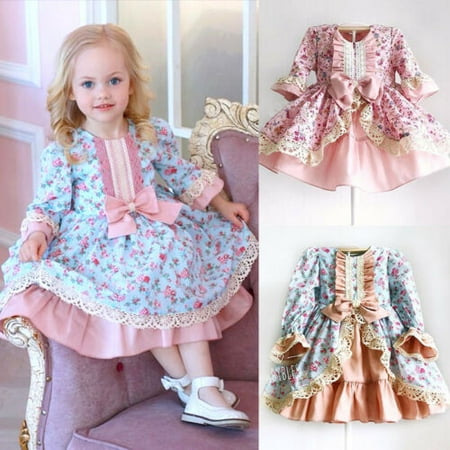 Retro Kids Baby Girl Dress Xmas Thanksgiving Lace Flower Party Pageant Dresses