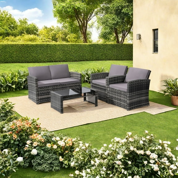 Melocadol 4 Piece Patio Furniture Set, All Weather Rattan Sectional Sofa with Cushions, Ideal for Outdoor Garden, Porch or Backyard, Grey Rattan and Light Grey Cushion