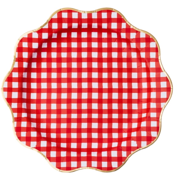 Bonjour Fête Red Gingham Large Paper Dinner Plates, Disposable Party Supplies, 8 Count, 11 Inch, Christmas, Valentines, 4th of July