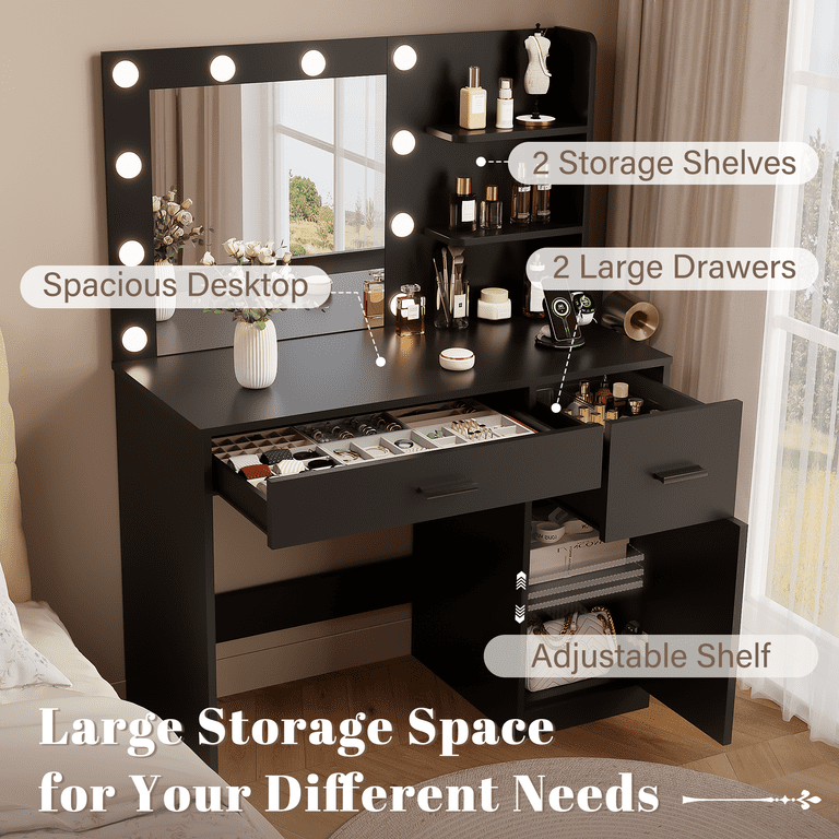 Lacoo Makeup Vanity Desk with Lights & Charging Station, Vanity Set with Mirror, Storage Shelves & Drawers, Vanity Table for Bedroom Dressing Room, Black