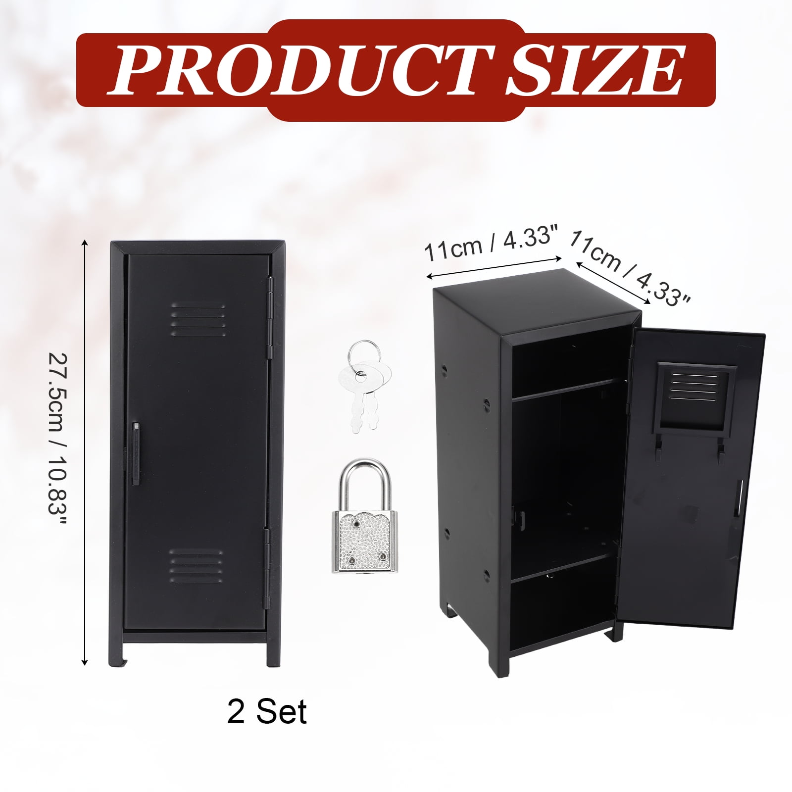 Mini Locker 4.3 x 10.8 Inch, 2 Pcs Small Locker with Lock Keys, Metal Money Safe Storage Box for Desk Bedroom, Black