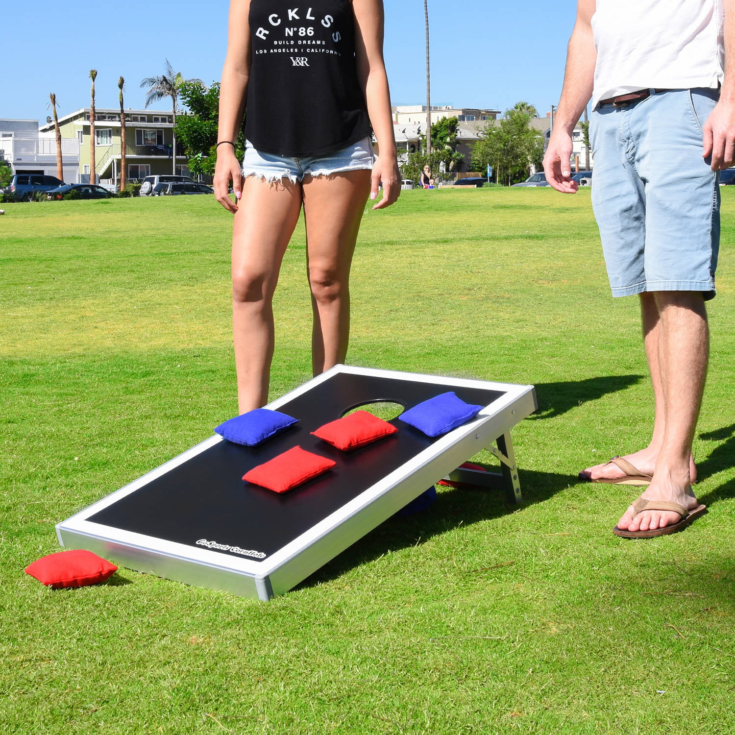 GoSports Foldable Cornhole Bean Bag Toss Set with 8 Bags and Carry Case 3'x2' 