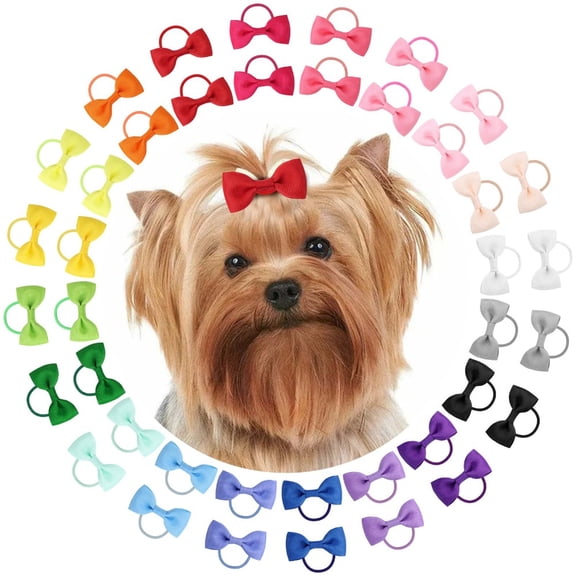 YSLXPet Hair Bows with Rubber Bands 20 Pairs, Multi-Color Ribbon Bow Hair Ties for Small Dogs Puppy Grooming Accessories, Decorative Pet Hair Bands for Long Haired Pets