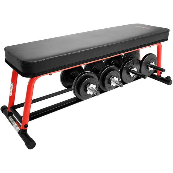 Banco Plano Sunny Health & Fitness SF-BH6996 con Soporte para Mancuernas y Ruedas de Transporte 1000 lb Negro