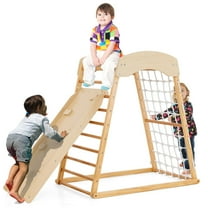 Costway 6-in-1 Wood Jungle Gym Montessori Climbing Play Set with Double-sided Ramp Natural