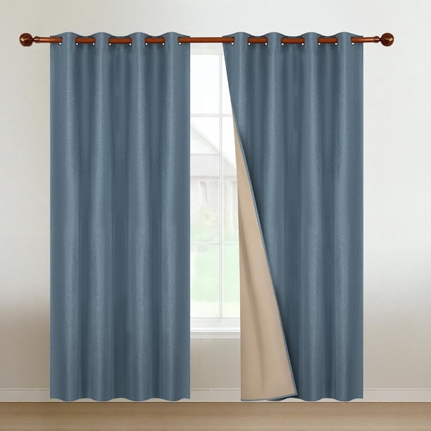 Cortinas Blackout para Recamara y Sala - Cortina 100% Blackout Look Lino - Aislamiento Térmico y Reducción Ruido - 2 Paneles - Cortinas Largas 240 x 132cm Denim