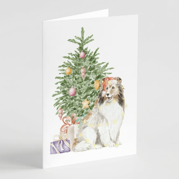 Carolines Treasures CK8247GCA7P Sheltie Christmas Presents and Tree Greeting Cards and Envelopes Pack of 8 7 x 5